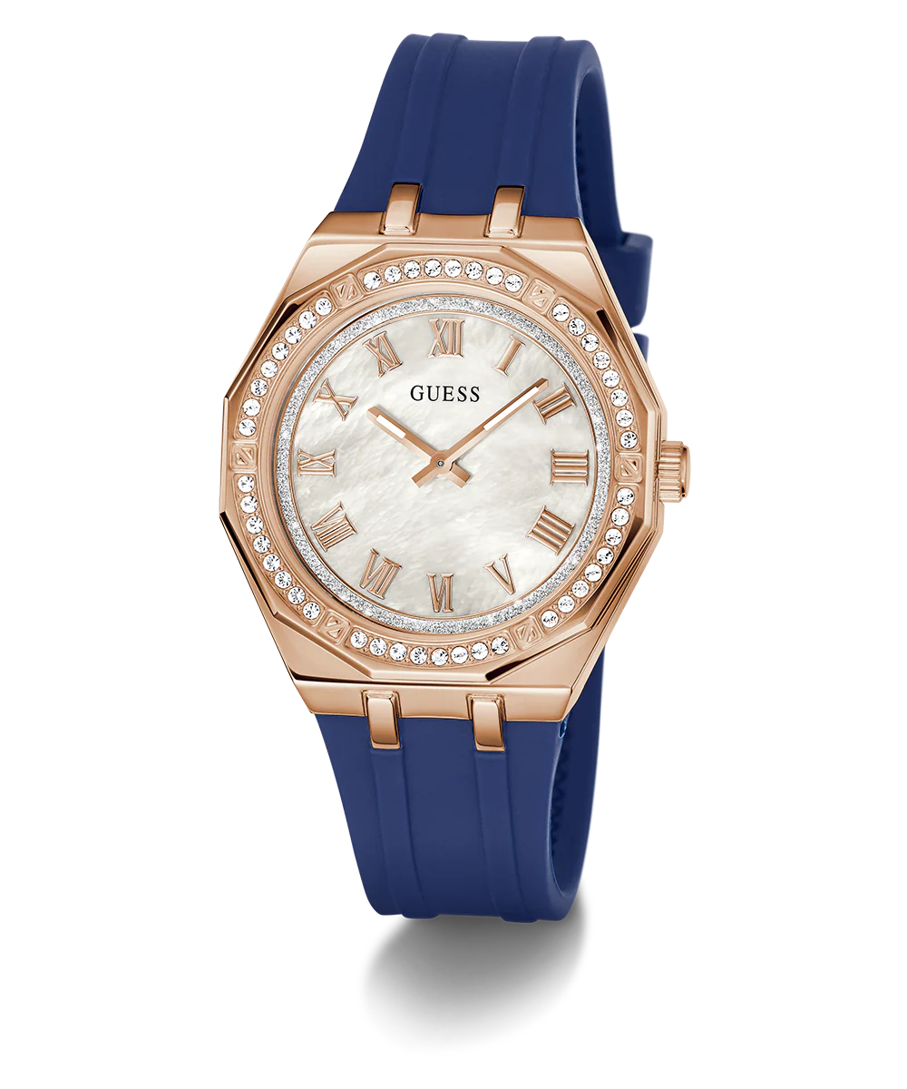 GUESS Ladies Blue Rose Gold Tone Analog Watch