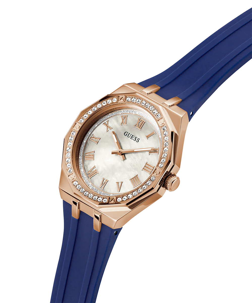 GUESS Ladies Blue Rose Gold Tone Analog Watch