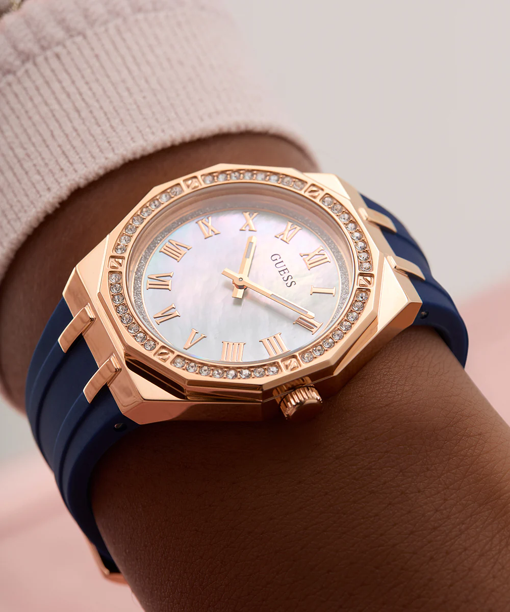 GUESS Ladies Blue Rose Gold Tone Analog Watch