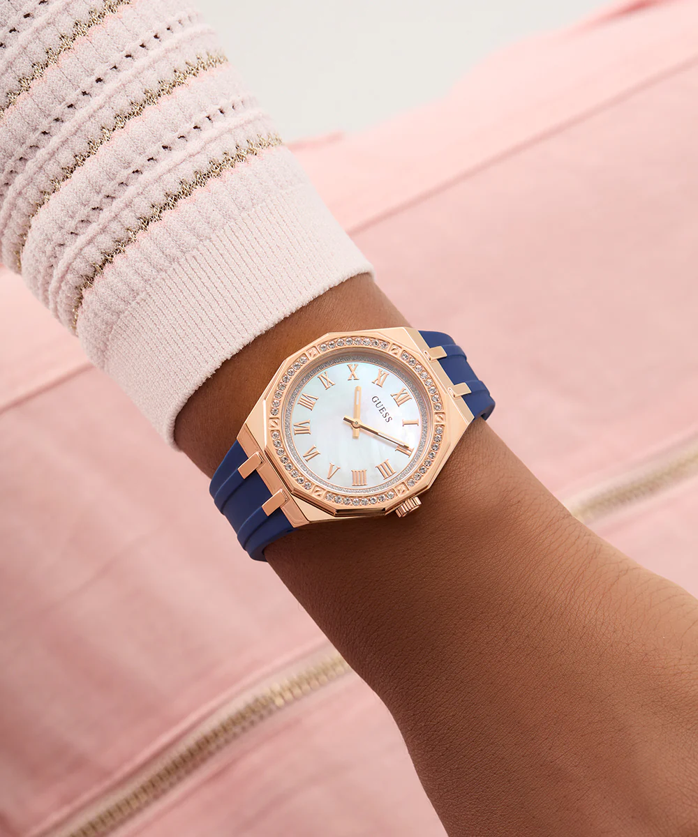 GUESS Ladies Blue Rose Gold Tone Analog Watch