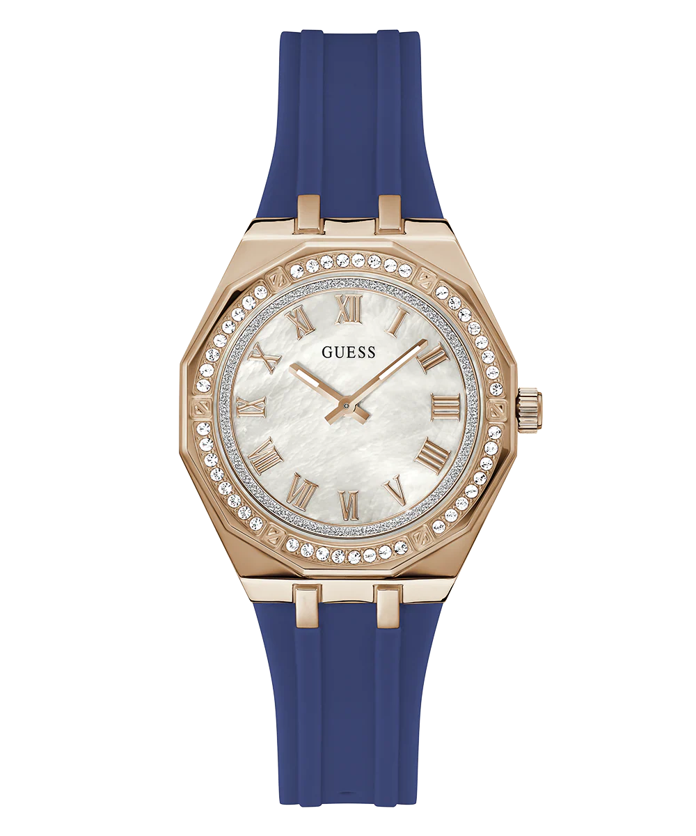 GUESS Ladies Blue Rose Gold Tone Analog Watch