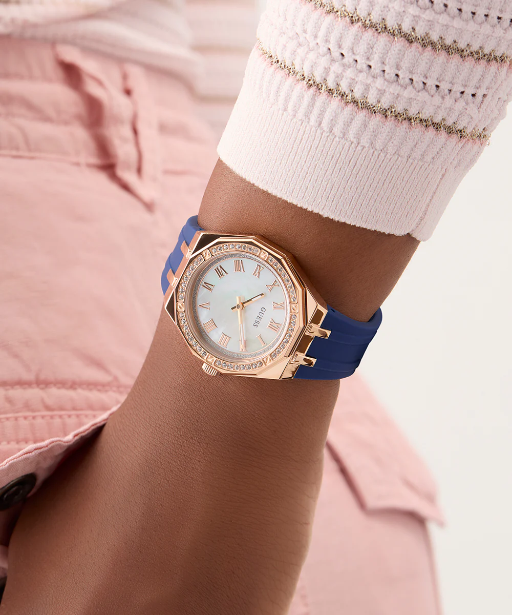 GUESS Ladies Blue Rose Gold Tone Analog Watch