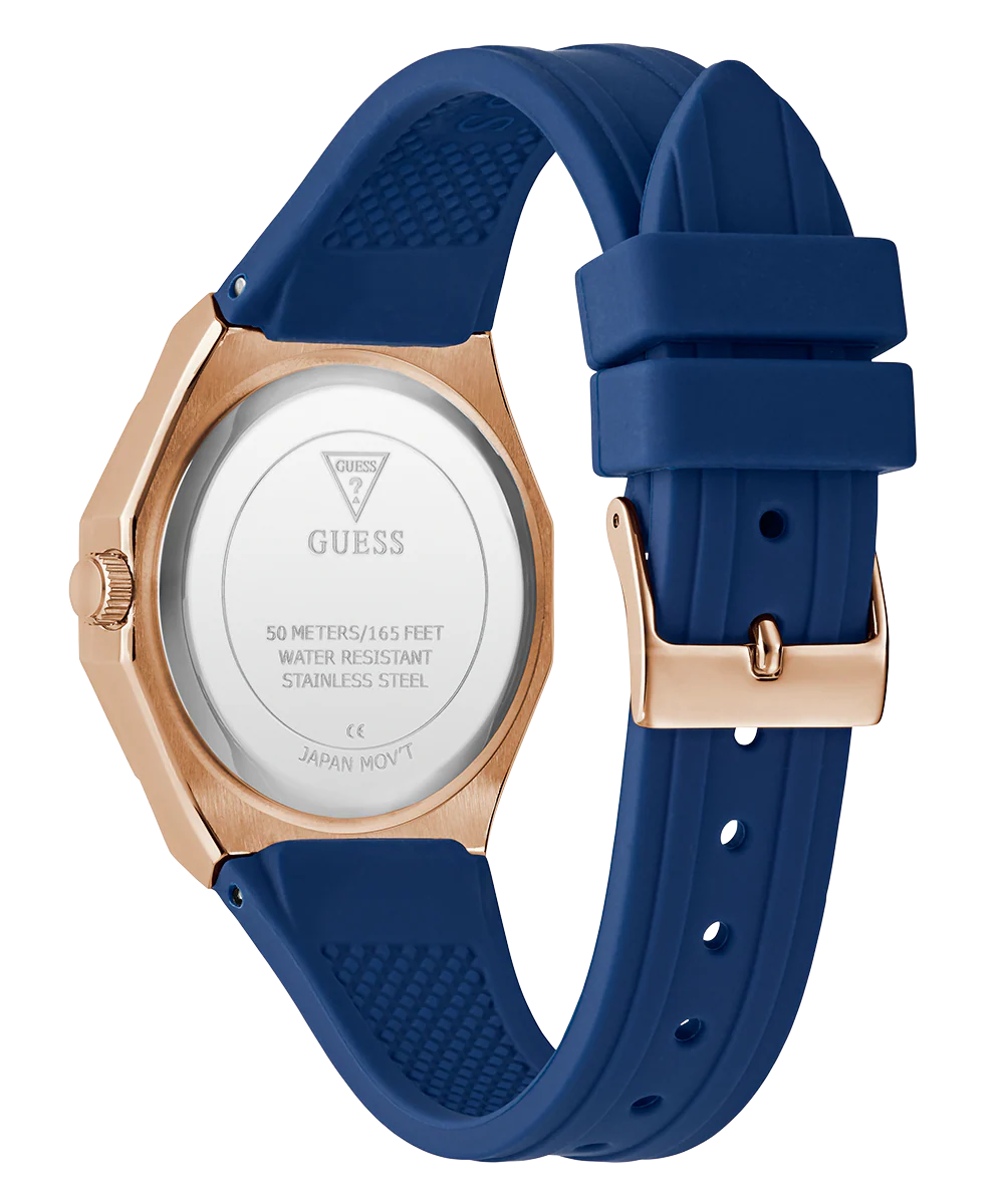 GUESS Ladies Blue Rose Gold Tone Analog Watch