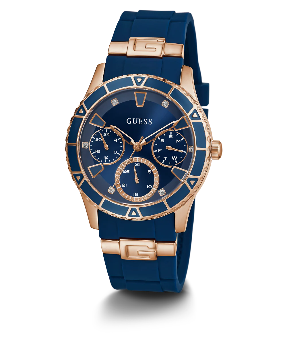 GUESS Ladies Blue Rose Gold Tone Multi-function Watch