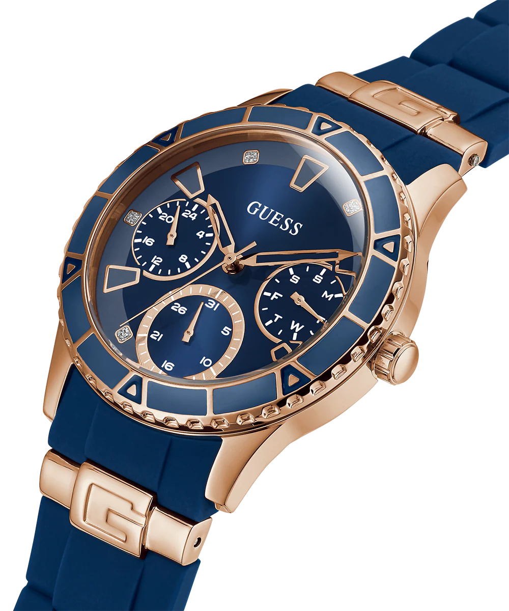 GUESS Ladies Blue Rose Gold Tone Multi-function Watch