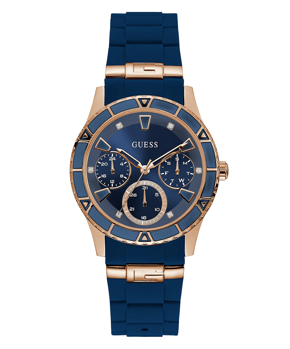 GUESS Ladies Blue Rose Gold Tone Multi-function Watch