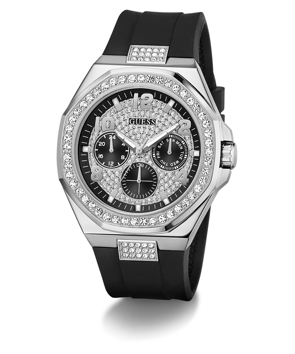 GUESS Mens Black Silver Tone Analog Watch