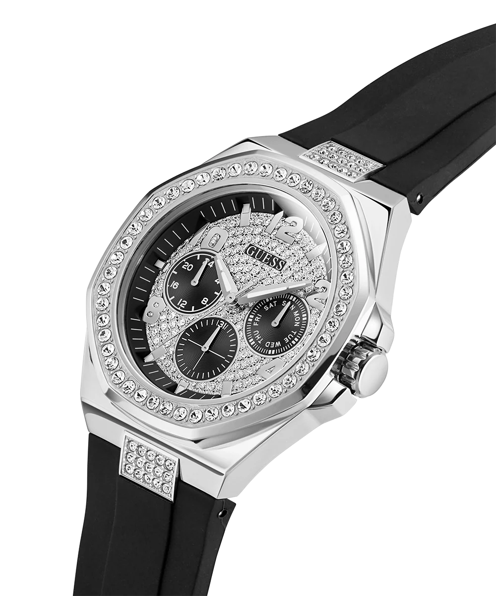GUESS Mens Black Silver Tone Analog Watch