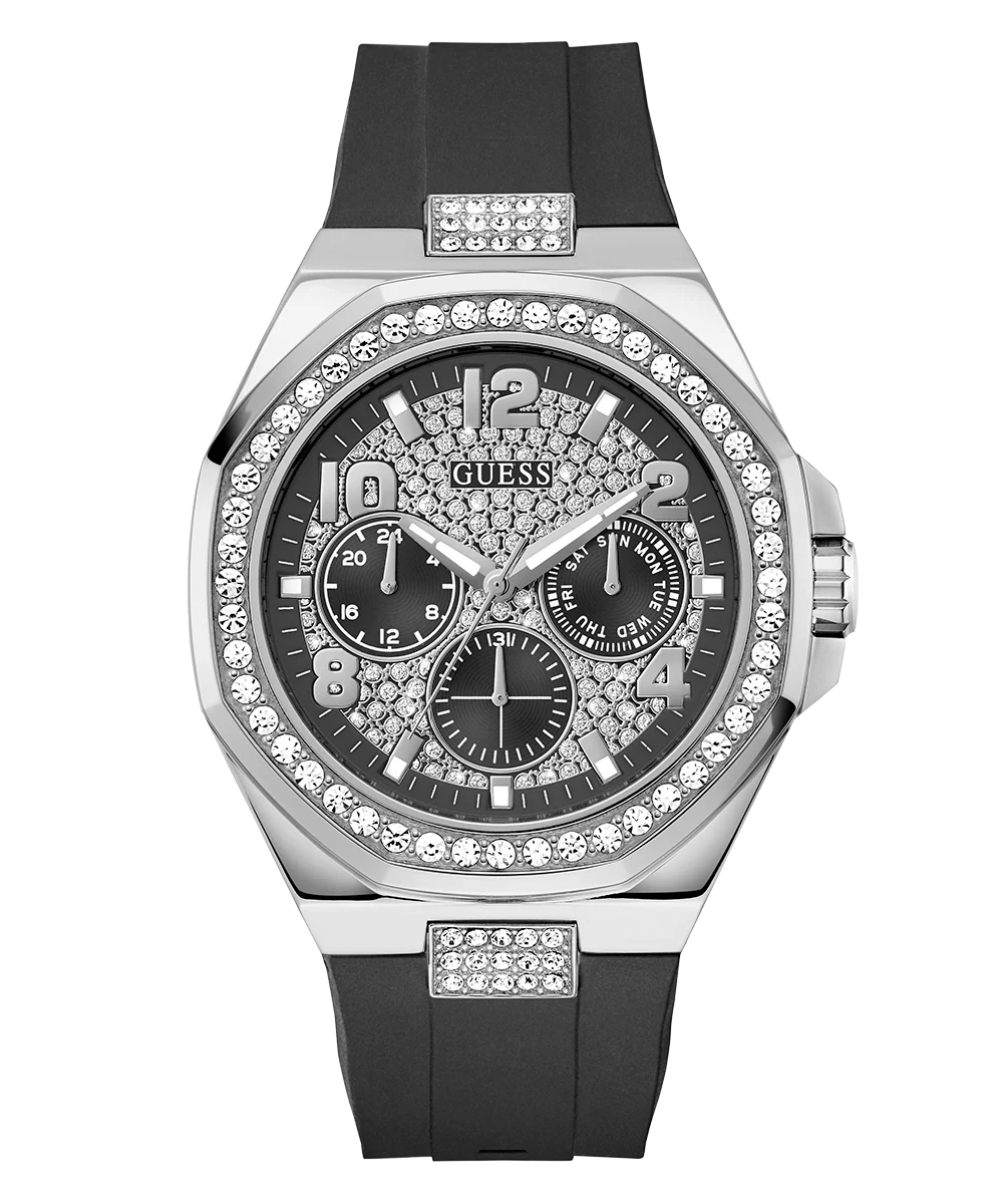 GUESS Mens Black Silver Tone Analog Watch