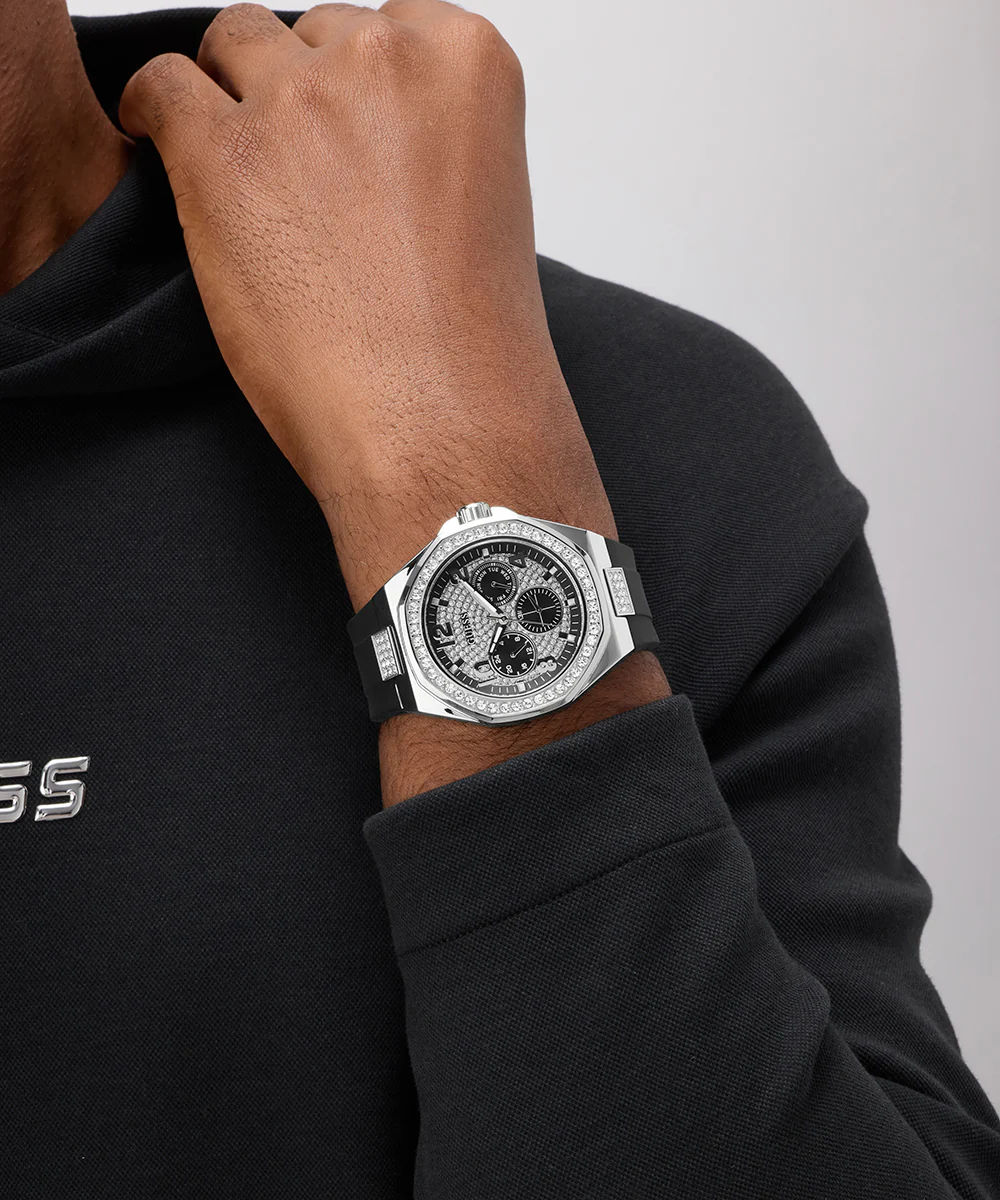 GUESS Mens Black Silver Tone Analog Watch