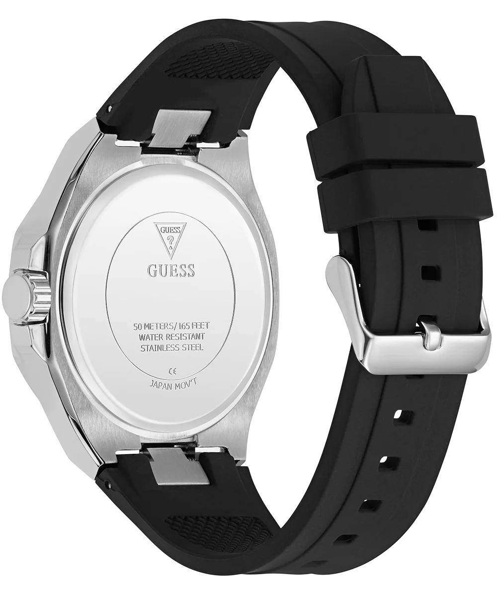 GUESS Mens Black Silver Tone Analog Watch