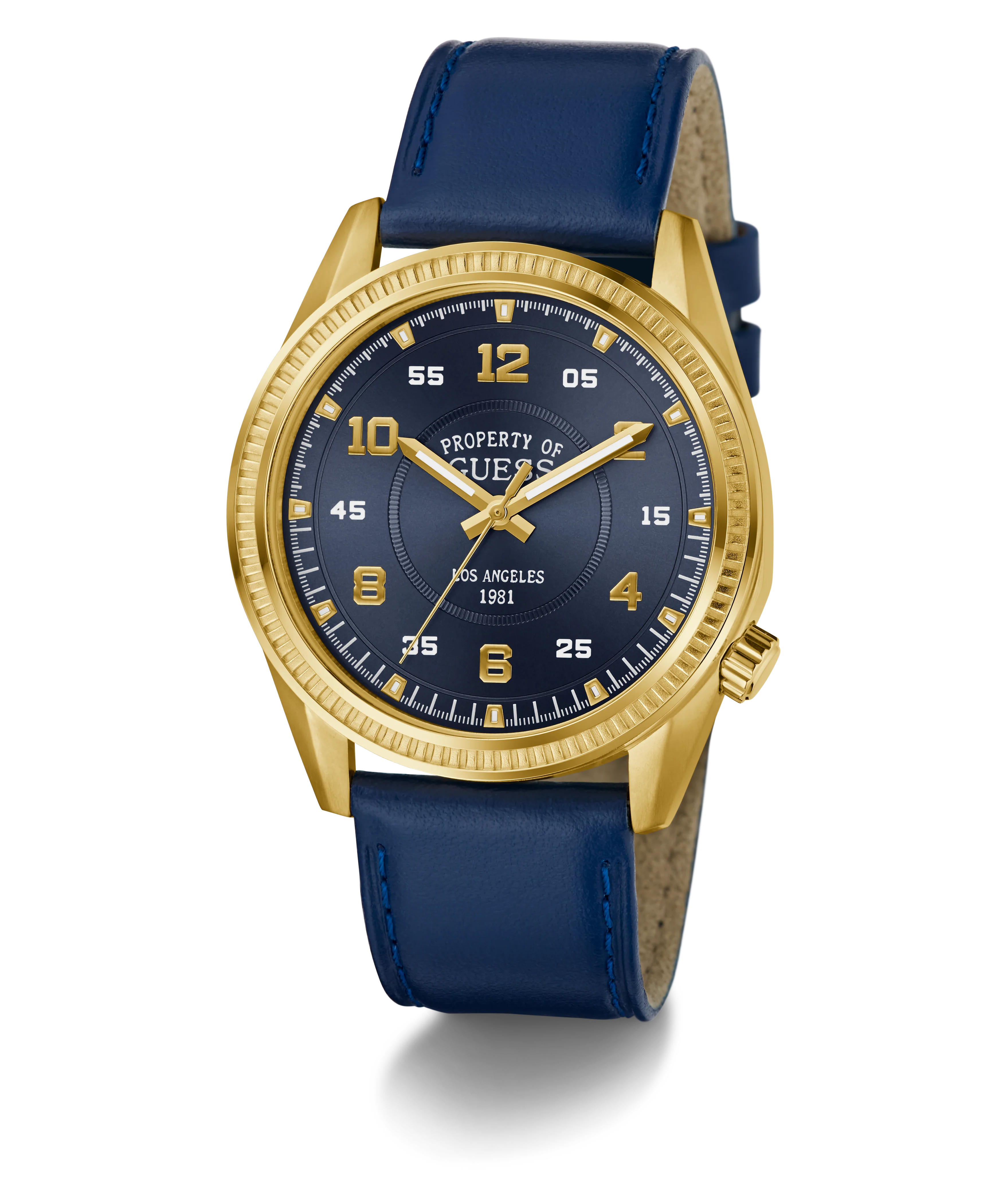 GUESS Mens Blue Gold Tone Analog Watch