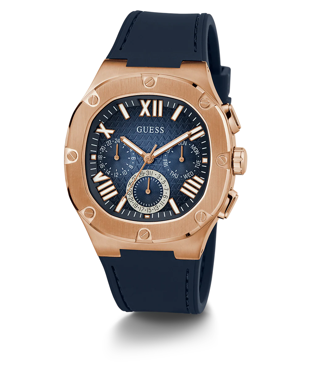 GUESS Mens Navy Rose Gold Tone Multi-function Watch