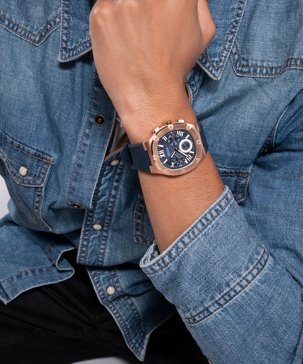 GUESS Mens Navy Rose Gold Tone Multi-function Watch