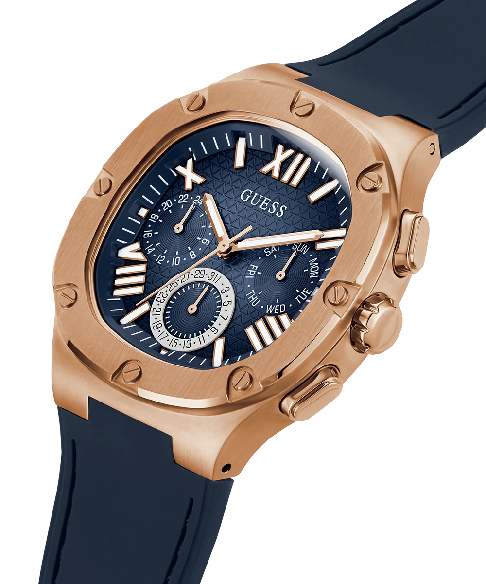 GUESS Mens Navy Rose Gold Tone Multi-function Watch