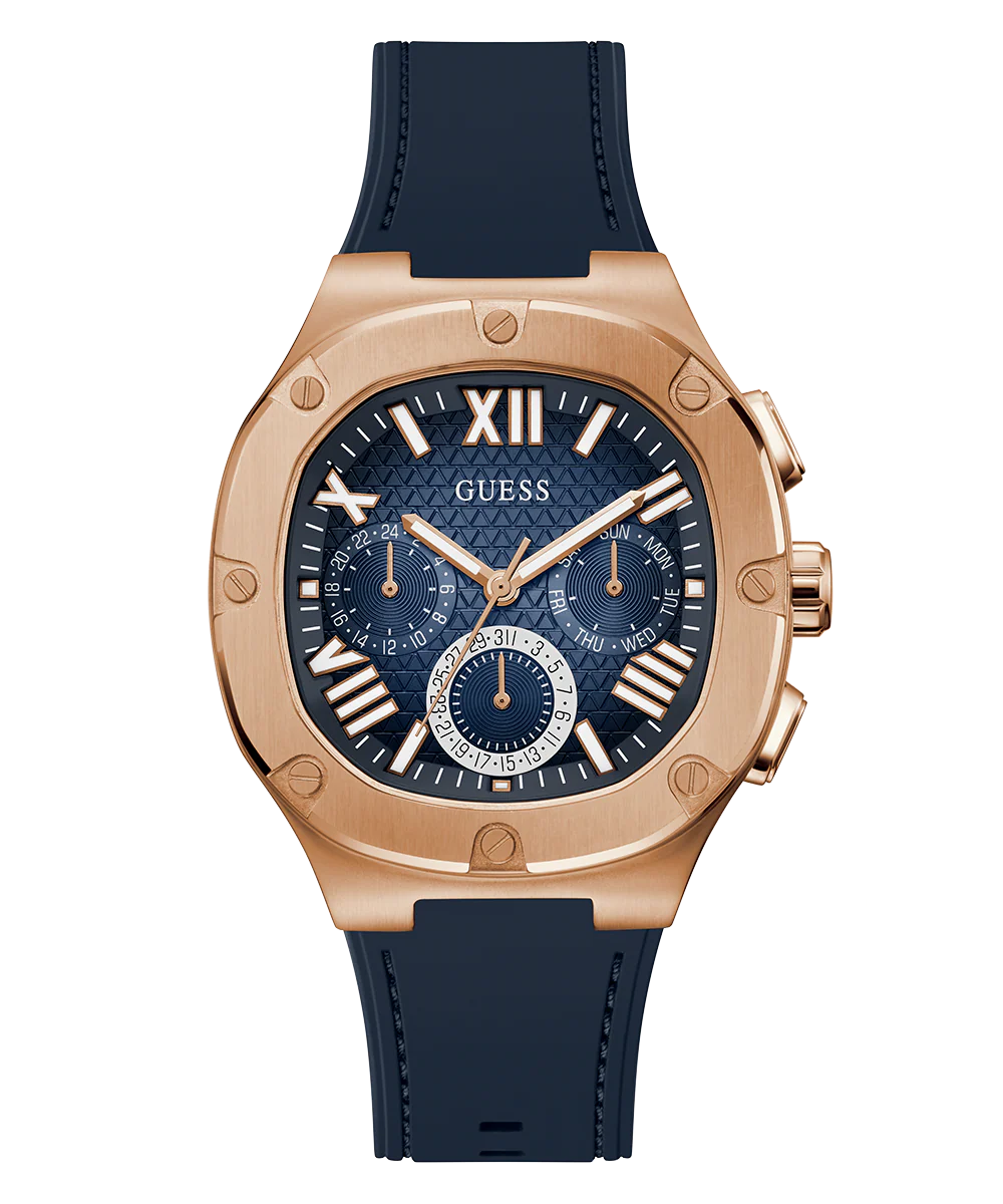 GUESS Mens Navy Rose Gold Tone Multi-function Watch
